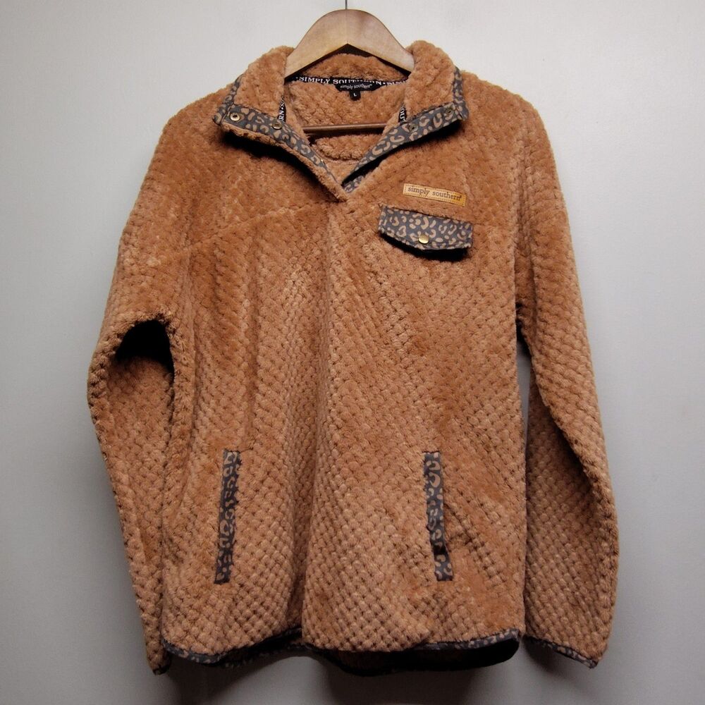 Simply Southern Fleece Sweater Women L Brown Leopard Cozy Western Boho Cabincore